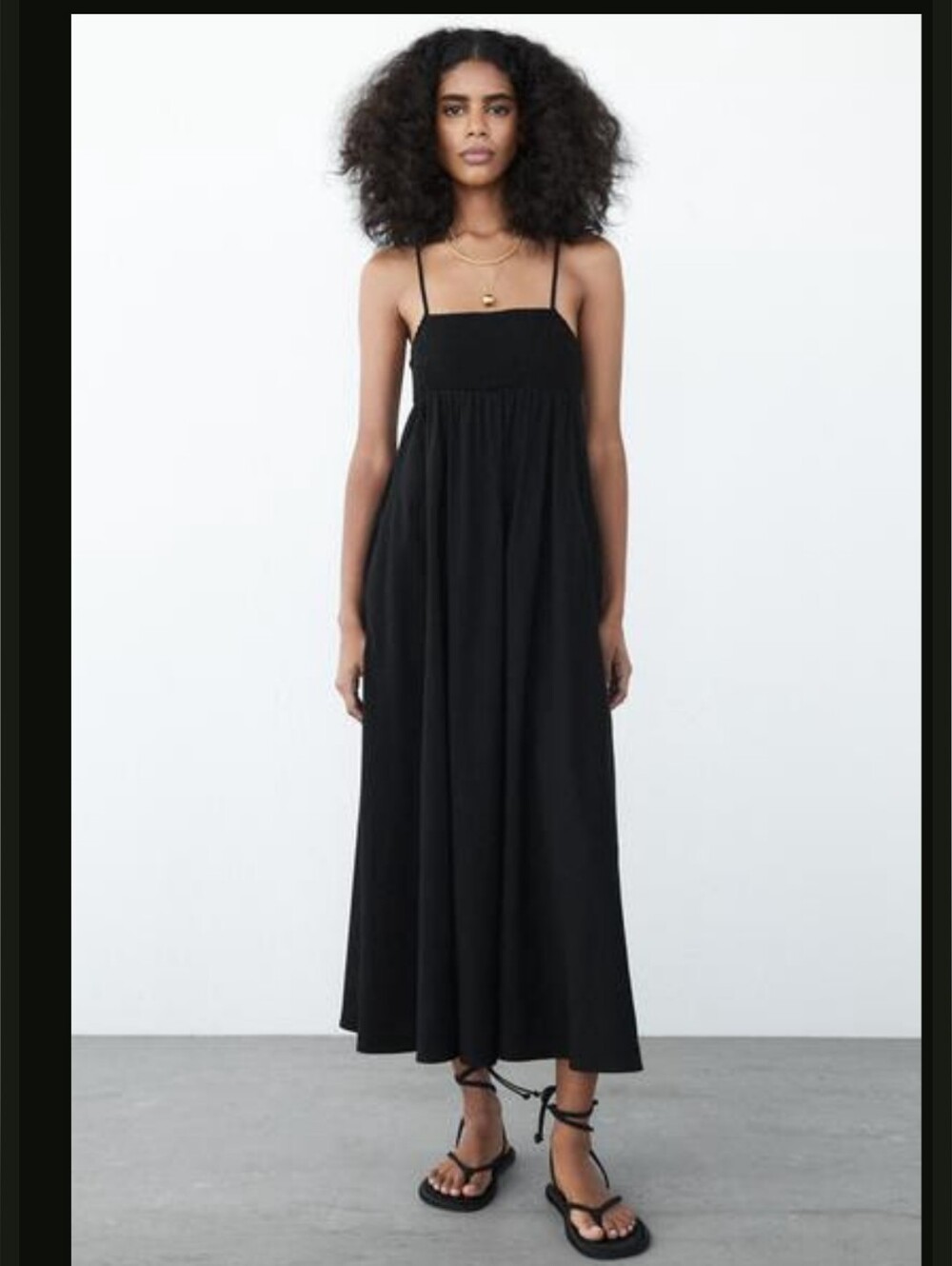Zara Linen Blend Black Maxi Dress with Smocked Bodice and Spaghetti Straps